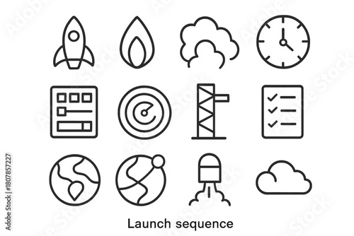 Rocket Launch Icons. Launch Sequence. Line icon set of Launch Sequence: rocket, ignition flame, smoke, countdown clock, control panel, radar, tower, checklist,