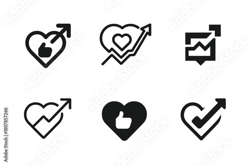 Social Media Logos. Social media marketing. Icon set. Set Logo of social media marketing: growth arrow with likes. harmonious logo variations of the same