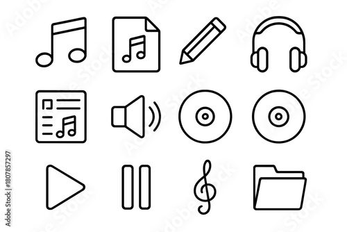 Music Playlist Icons Grid. Store playlist setup. Line icon set of Store playlist setup: music note, sheet of paper, pencil, headphones, playlist icon, speaker,