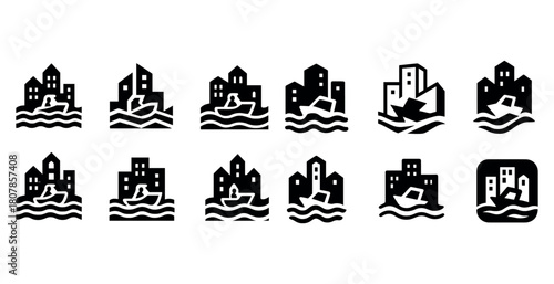 Set of black and white iconic cityscapes with waves