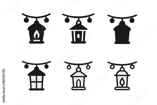 Fairy Lights Icons. Setting up outdoor fairy lights. Icon set. Set Logo of setting up outdoor fairy lights: lantern and string combo. harmonious logo