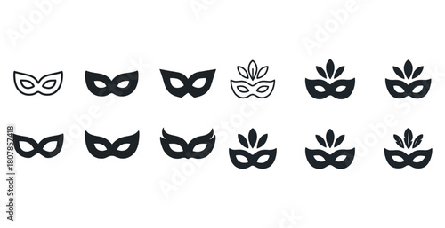 Set of twelve carnival masks in black and white silhouettes
