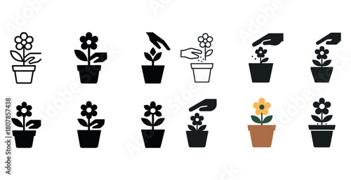 Garden icons: flower growth and care symbols with hands and plants