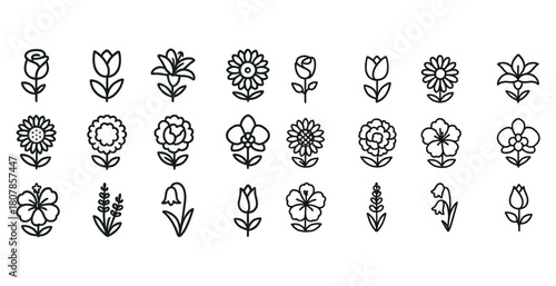 Various simple flower icon set featuring roses, tulips, daisies, and more