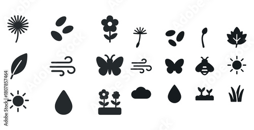 Nature and weather icons: flowers, leaves, insects, clouds, and sun symbols