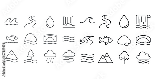 Simple nature icon set with waves, trees, clouds, and water elements