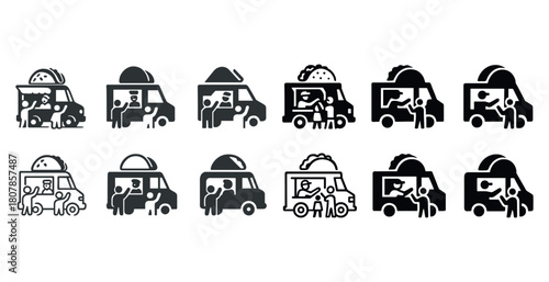 Food truck icons featuring tacos and burritos in simple black and white style