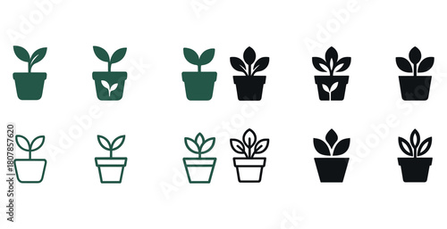 Set of plant icons: potted leaves in various styles and designs