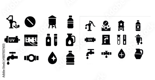 Water supply and treatment icons set: pumps, filters, bottles, and faucets