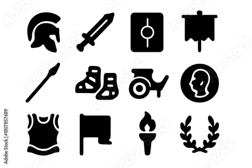 Roman Legion Icon Set. Roman legion. Solid icon set of roman legion: helmet, sword, shield, standard banner, spear, sandals, chariot, coin, armor, flag, torch,