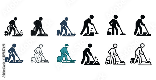 Twelve vacuum cleaner icons depicting various cleaning activities