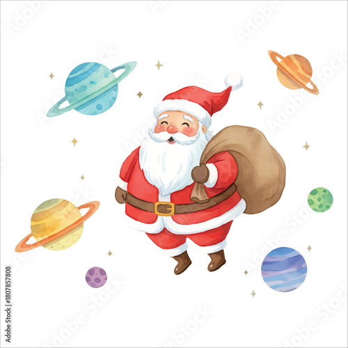 Santa Claus Surrounded by Planets Vector Isolated on White Background Christmas
