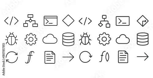Computer and development icons: code, workflow, cloud, database, and more