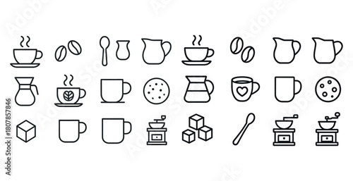 Coffee icons set: cups, beans, mugs, coffee makers, and grinders