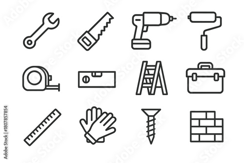 Home Improvement Icons. Home Improvement. Line icon set of Home Improvement: wrench, saw, drill, paint roller, tape measure, level, ladder, toolbox, ruler,