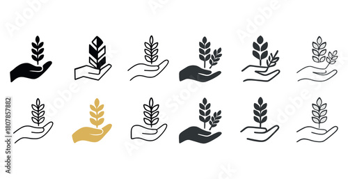 Collection of hand and plant symbols in various styles and colors