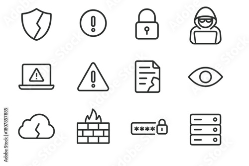 Data Breach Icons. Data breach warning. Line icon set of data breach warning: broken shield, exclamation mark, lock, hacker, laptop, alert triangle, document,