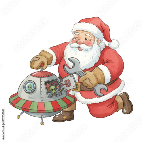 Santa Claus Fixing Spaceship Vector Isolated on White Background Christmas
