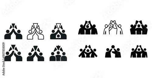 Set of iconic figures celebrating teamwork and unity with abstract geometric shapes