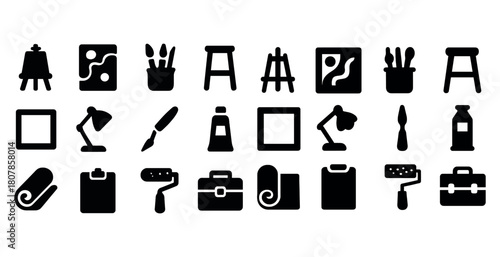 Art studio tools icons: easels, brushes, paints, lamps, rollers