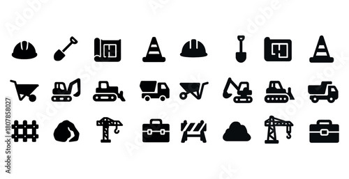 Construction icons set including tools, vehicles, and safety equipment