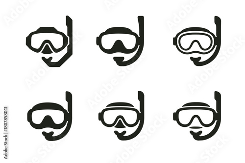 Snorkeling Mask Logos. Snorkeling mask. Icon set. Set Logo of Snorkeling mask: Mask strap detail. harmonious logo variations of the same emblematic concept,