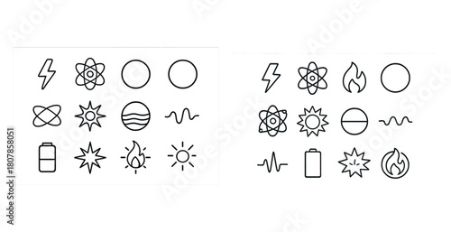 Black and white energy icons: lightning, atoms, sun, battery, flame, waves, circle