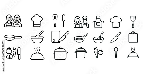 Collection of black and white kitchen utensil and chef icons