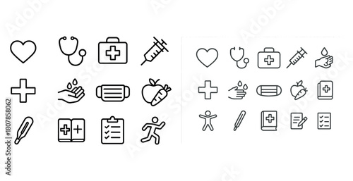 Medical and health icons set featuring heart, stethoscope, and mask designs
