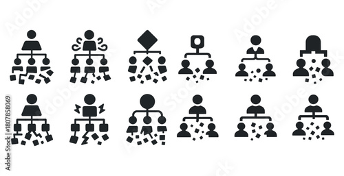Collection of various organizational chart icons in black silhouette