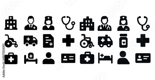 Medical icons set: hospital, healthcare professionals, equipment, ambulance