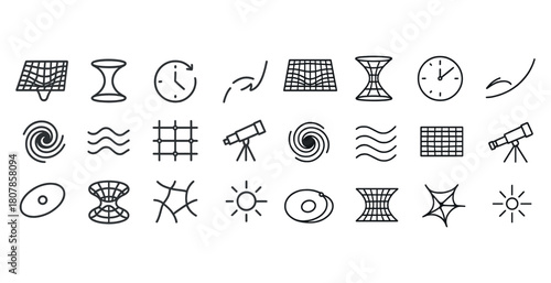 Set of black line art icons representing space, astronomy, and time concepts