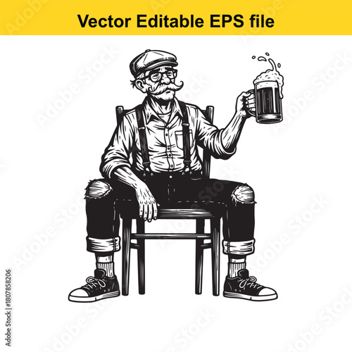 An elderly man with a mustache sits on a chair, holding a mug of beer, his face etched with years of stories and a twinkle of mischief in his eyes