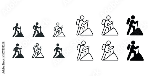 Icon set of people hiking with backpacks and trekking poles