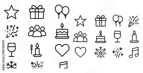 Simple celebration icons: stars, gifts, balloons, cake, hearts, music, candles, confetti, wine, snowflakes