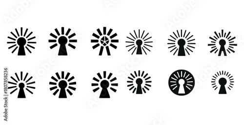 Keyhole icons with radiating lines in various designs and styles