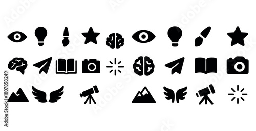 Collection of minimalist icons: eye, lightbulb, star, brain, airplane, camera, mountaintop, wings, telescope