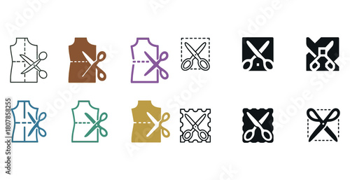 Colorful sewing pattern and scissors icons for fashion and craft projects