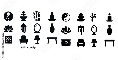 Holistic design icons: yin yang, candles, bamboo, lotus, furniture, and decor elements