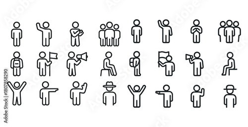 Simple line icons of diverse human actions in various group settings