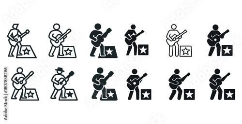 Musician icons illustrating diverse styles and performances with guitars and amplifiers
