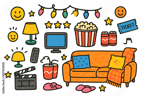 Cozy Movie Night. Movie night at home. Colorful Hand-drawn doodle Children illustration Movie night at home TV screen, remote control, popcorn bucket, cozy