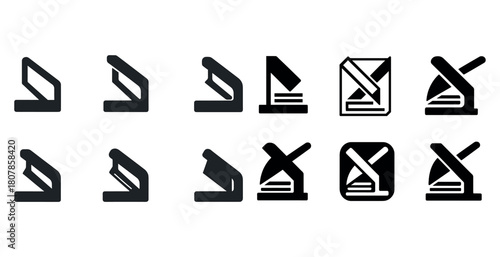 Set of vector icons depicting various staplers in simplified black and white design