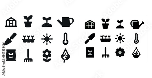 Gardening icon set: tools, plants, greenhouse, sun, thermometer, seedlings