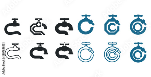 Set of black and blue faucet icons in various styles and designs