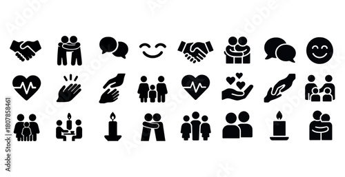 Collection of unity and compassion icons including handshake and heart symbols