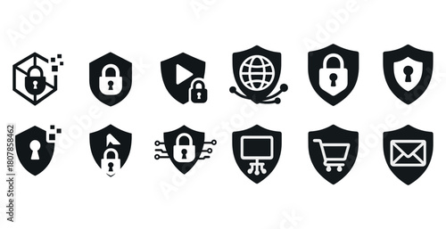 Collection of black security icons: shield, lock, network, and privacy symbols