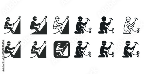 Icon set of mountaineers and climbers using climbing gear and tools