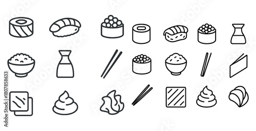 Assorted sushi icons: maki, nigiri, wasabi, chopsticks, soy sauce, rice doodles