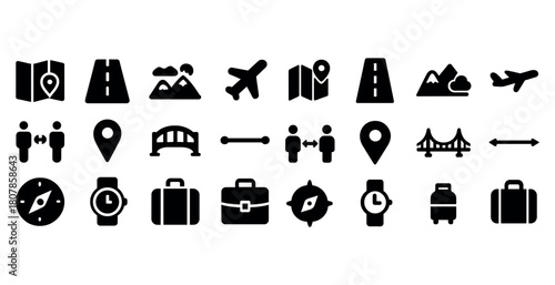 Travel icons set: map, road, airplane, compass, bridge, luggage